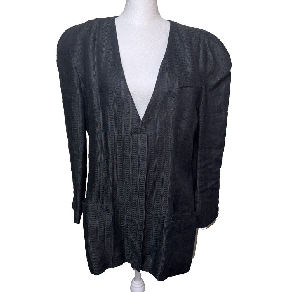 VTG Krizia Italy 100% Linen Blazer Grey Herringbone Minimalist Sz 44 (8-10)